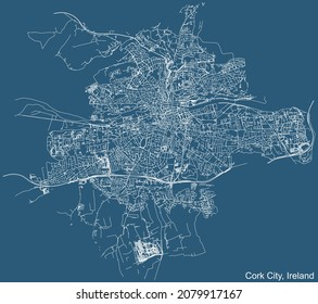 Detaillierte Karte mit technischen Zeichnungen der Stadtstraßen auf blauem Hintergrund der irischen Hauptstadt Cork City, Irland