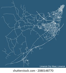 Detailed technical drawing navigation urban street roads map on blue background of the district Limerick City West Electoral Area of the Irish regional capital city of Limerick City, Ireland