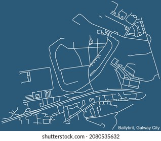 Detailed technical drawing navigation urban street roads map on blue background of the district Baile an Bhriotaigh-Ballybrit Electoral Area of the Irish regional capital city of Galway City, Ireland