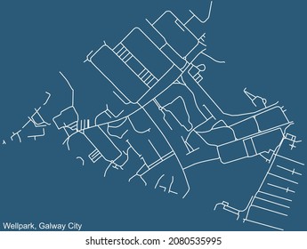 Dibujo técnico detallado de la navegación por las calles urbanas mapa sobre el fondo azul del distrito Wellpark Área electoral de la capital regional irlandesa de Galway City, Irlanda