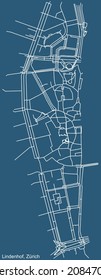 Detailed technical drawing navigation urban street roads map on blue background of the district Lindenhof Quarter of the Swiss regional capital city of Zurich, Switzerland