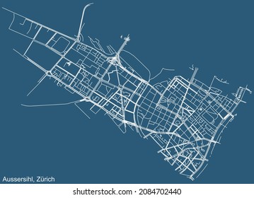 Dibujo técnico detallado de la navegación por las calles urbanas mapa sobre el fondo azul del barrio Kreis 4 Aussersihl del distrito suizo de la capital regional de Zúrich, Suiza