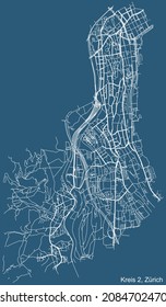 Dibujo técnico detallado de la navegación por las calles urbanas mapa sobre el fondo azul del barrio Kreis 2 Distrito de la capital regional suiza de Zúrich, Suiza