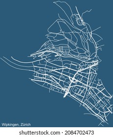 Detailed technical drawing navigation urban street roads map on blue background of the district Wipkingen Quarter of the Swiss regional capital city of Zurich, Switzerland
