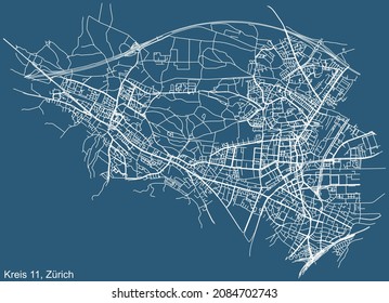 Dibujo técnico detallado de la navegación por las calles urbanas mapa sobre el fondo azul del barrio Kreis 11 Distrito de la capital regional suiza de Zúrich, Suiza