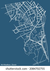 Detailed technical drawing navigation urban street roads map on blue background of the district Alt-Wiedikon Quarter of the Swiss regional capital city of Zurich, Switzerland