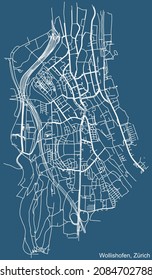 Detailed technical drawing navigation urban street roads map on blue background of the district Wollishofen Quarter of the Swiss regional capital city of Zurich, Switzerland