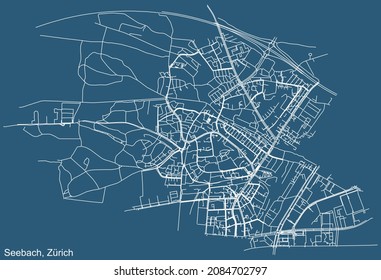 Dibujo técnico detallado de la navegación por las calles urbanas mapa sobre el fondo azul del barrio Seebach de la capital regional suiza de Zúrich, Suiza