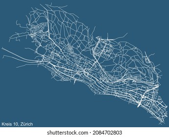 Dibujo técnico detallado de la navegación por las calles urbanas mapa sobre el fondo azul del barrio Kreis 10 Distrito de la capital regional suiza de Zúrich, Suiza