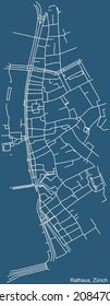 Detailed technical drawing navigation urban street roads map on blue background of the district Rathaus Quarter of the Swiss regional capital city of Zurich, Switzerland