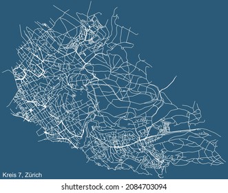 Dibujo técnico detallado de la navegación por las calles urbanas mapa sobre el fondo azul del barrio del distrito 7 de Kreis de la capital regional suiza de Zúrich, Suiza