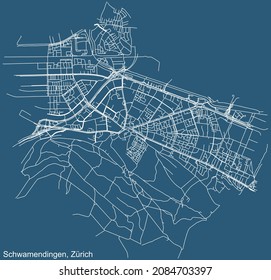 Dibujo técnico detallado de la navegación por las calles urbanas mapa sobre el fondo azul del barrio Kreis 12 Distrito Schwmodiingen de la capital regional suiza de Zúrich, Suiza