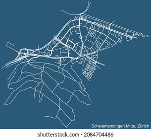 Detailed technical drawing navigation urban street roads map on blue background of the district Schwamendingen-Mitte Quarter of the Swiss regional capital city of Zurich, Switzerland