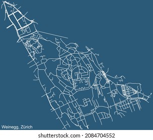 Detailed technical drawing navigation urban street roads map on blue background of the district Weinegg Quarter of the Swiss regional capital city of Zurich, Switzerland