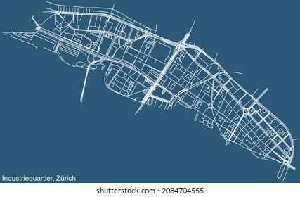 Plano técnico detallado de la navegación por las calles urbanas mapa sobre el fondo azul del barrio Kreis 5 Distrito Industriequartier de la capital regional suiza de Zúrich, Suiza