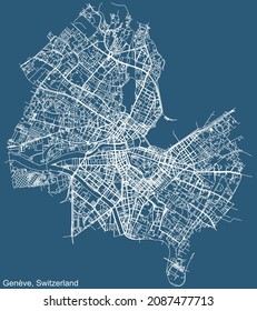 Detailed technical drawing navigation urban street roads map on blue background of Swiss regional capital city of Geneva, Switzerland