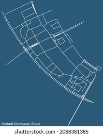 Detailed technical drawing navigation urban street roads map on blue background of the quarter Altstadt Kleinbasel District of the Swiss regional capital city of Basel, Switzerland