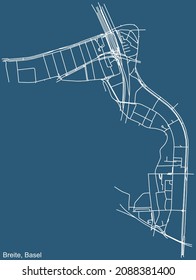 Dibujo técnico detallado de la navegación por las calles urbanas mapa sobre el fondo azul del barrio Breite del distrito suizo de la capital regional de Basilea, Suiza