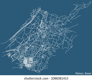 Detailed technical drawing navigation urban street roads map on blue background of the quarter Riehen District of the Swiss regional capital city of Kanton Basel, Switzerland