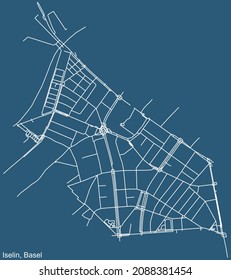 Detailed technical drawing navigation urban street roads map on blue background of the quarter Iselin District of the Swiss regional capital city of Basel, Switzerland