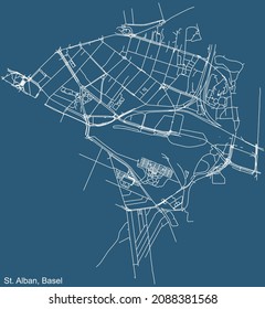 Detailed technical drawing navigation urban street roads map on blue background of the quarter St. Alban District of the Swiss regional capital city of Basel, Switzerland