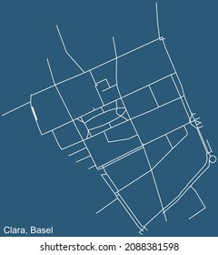 Detailed technical drawing navigation urban street roads map on blue background of the quarter Clara District of the Swiss regional capital city of Basel, Switzerland