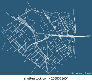 Detailed technical drawing navigation urban street roads map on blue background of the quarter St. Johann District of the Swiss regional capital city of Basel, Switzerland