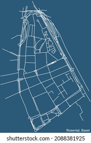 Detaillierte technische Zeichnungen der Stadtstraßen-Karte auf blauem Hintergrund des Viertels Rosental der Schweizer Landeshauptstadt Basel, Schweiz