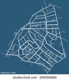 Detailed technical drawing navigation urban street roads map on blue background of the district Mattenhof Quarter of the Swiss capital city of Bern, Switzerland