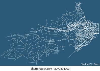Detailed technical drawing navigation urban street roads map on blue background of the quarter Stadtteil VI Bümpliz-Oberbottigen District of the Swiss capital city of Bern, Switzerland