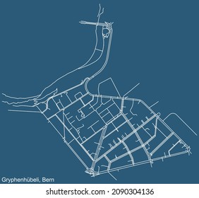 Detailed technical drawing navigation urban street roads map on blue background of the district Gryphenhübeli Quarter of the Swiss capital city of Bern, Switzerland