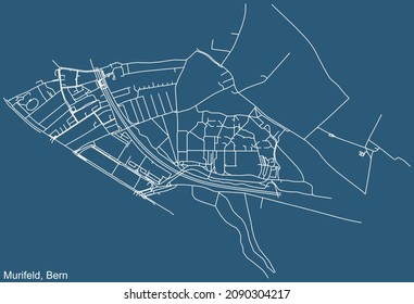 Detailed technical drawing navigation urban street roads map on blue background of the district Murifeld Quarter of the Swiss capital city of Bern, Switzerland