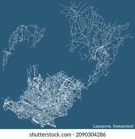 Detailed technical drawing navigation urban street roads map on blue background of Swiss regional capital city of Lausanne, Switzerland