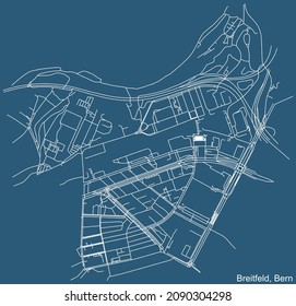 Detailed technical drawing navigation urban street roads map on blue background of the district Breitfeld Quarter of the Swiss capital city of Bern, Switzerland