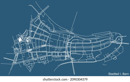 Detailed technical drawing navigation urban street roads map on blue background of the quarter Stadtteil I Innere Stadt District of the Swiss capital city of Bern, Switzerland