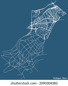 Detailed technical drawing navigation urban street roads map on blue background of the district Holligen Quarter of the Swiss capital city of Bern, Switzerland