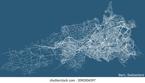 Detailed technical drawing navigation urban street roads map on blue background of Swiss capital city of Bern, Switzerland