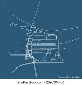 Dibujo técnico detallado de la navegación por las calles urbanas mapa sobre el fondo azul del barrio del barrio de Grünes Quartier de la capital suiza de Berna, Suiza