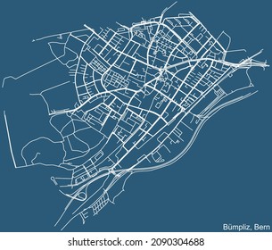 Dibujo técnico detallado de la navegación por las calles urbanas mapa sobre el fondo azul del barrio Bümpliz de la capital suiza de Berna, Suiza