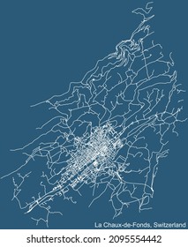 Detailed technical drawing navigation urban street roads map on blue background of Swiss regional capital city of La Chaux-de-Fonds, Switzerland