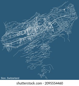 Dibujo técnico detallado de la navegación por las calles urbanas mapa sobre el fondo azul de la capital regional suiza Sion, Suiza