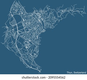 Detailed technical drawing navigation urban street roads map on blue background of Swiss regional capital city of Thun, Switzerland