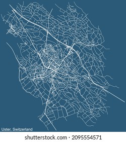 Detailed technical drawing navigation urban street roads map on blue background of Swiss regional capital city of Uster, Switzerland
