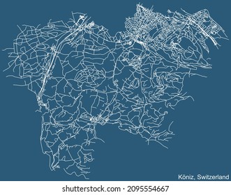 Detailed technical drawing navigation urban street roads map on blue background of Swiss regional capital city of Köniz, Switzerland