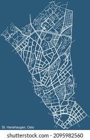 Detailed technical drawing navigation urban street roads map on blue background of the quarter St. Hanshaugen Borough of the Norwegian capital city of Oslo, Norway