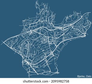 Dibujo técnico detallado de la navegación por las calles urbanas mapa sobre el fondo azul del barrio Bjerke Borough de la capital noruega de Oslo, Noruega