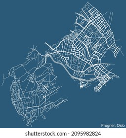 Dibujo técnico detallado de la navegación por las calles urbanas mapa sobre el fondo azul del barrio del Borough Frogner de la capital noruega de Oslo, Noruega