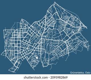 Detailed technical drawing navigation urban street roads map on blue background of the quarter Grünerløkka Borough of the Norwegian capital city of Oslo, Norway