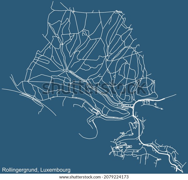 Detailed technical drawing navigation urban\
street roads map on blue background of the district Rollingergrund\
Quarter of the Luxembourgish capital city of Luxembourg City,\
Luxembourg