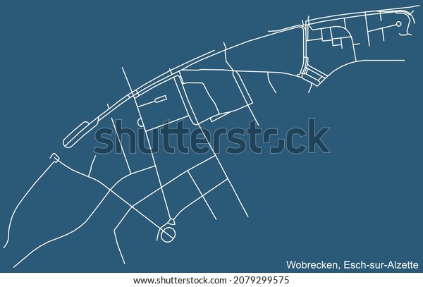 Detailed technical drawing navigation urban\
street roads map on blue background of the district Wobrécken\
Quarter of the Luxembourgish regional capital city of\
Esch-sur-Alzette,\
Luxembourg